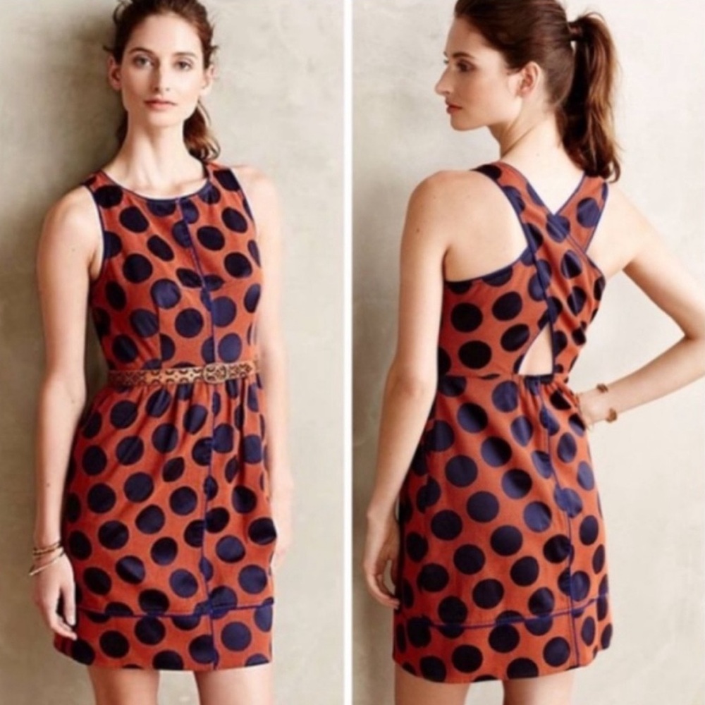Anthropologie Maeve Rokin Polka Dot Blue and Orange Dress